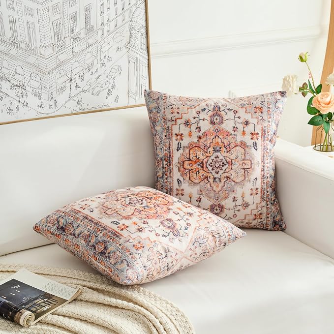Boho Throw Pillow Covers 22x22 inch Set of 2,Boho Vintage Carpet Pattern Antique Ethnic Decor Double Sided Pattern Cushion Cover Soft Pillow Case Living Sofa Room Bed Square Pillow Cover