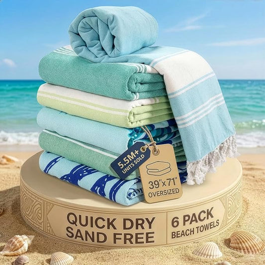 LANE LINEN Turkish Beach Towels Set of 6, Oversized Beach Towel, Lightweight Beach Essentials for Women, Large Pool Towel, Absorbent & Quick Dry, Sand Free Beach Towel, 39"x71" - Tropical Breeze