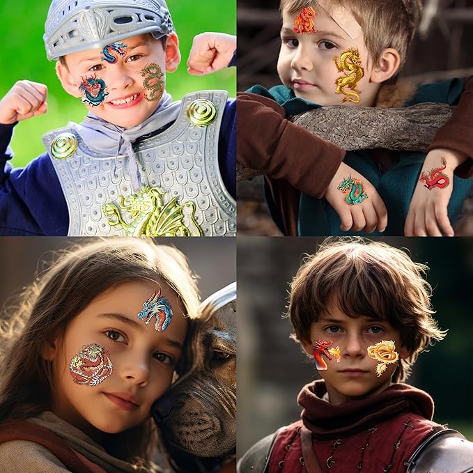 96PCS Dragon Pre-cut Temporary Tattoos Birthday Party Supplies Favors Decorations Knight Dragon Super Cute Fake Tattoos Stickers for Kids Boys Girls School Classroom Rewards Gifts Ideal Halloween