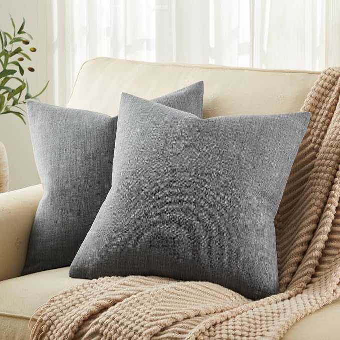 Rustic Linen Throw Pillow Covers Set of 2, Dark Grey 22x22in | Textured Pillow Case, Rustic Cotton Linen Fabric, Modern Farmhouse Cushion Covers for Sofa Bed Living Room Home Decor