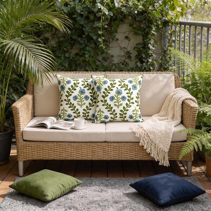 Alysheer Floral Embroidered Summer Decorative Throw Pillow Covers 20"x 20" Set of 2, Farmhouse Cottage Blue Flowers Green Leaves Knit Pattern Cotton Canvas Cushion Case for Couch Bed Living Room