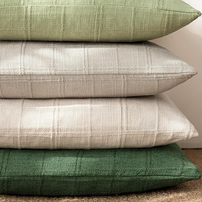 Foindtower Set of 2 Decorative Linen Check Throw Pillow Covers Neutral Farmhouse Vintage Cushion Covers Modern Boho Accent Home Decor for Sofa Chair Couch Bedroom Living Room,16×16 Inch,Forest Green