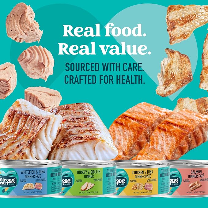 A Strong Heart Cat Food Variety Pack, Turkey, Chicken, Tuna & Salmon, 32ct | Pate texture, all life stages, complete & balanced, made in USA, 5.5oz cans