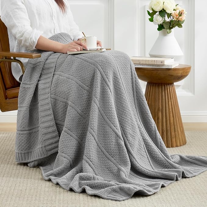 Premium Chenille Throw Blanket, Soft Cozy Moss Stitch Knit Blanket for Couch, Sofa, Chair, Home Decor, Grey 50"x60"