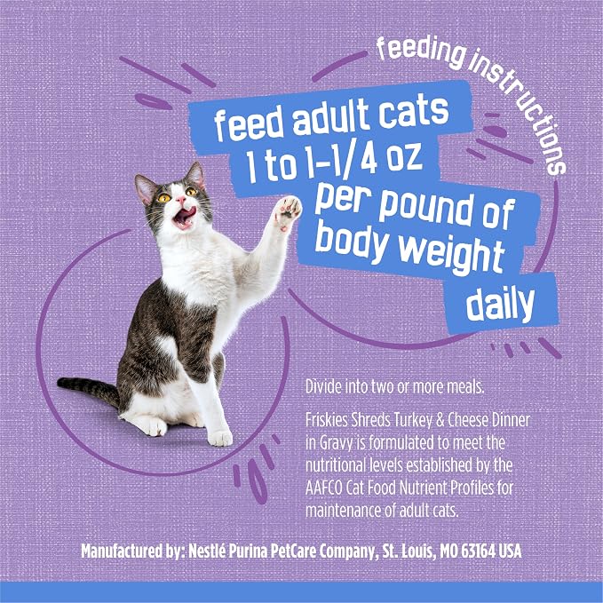 Friskies Purina Shreds Turkey and Cheese Dinner in Gravy High Protein Wet Cat Food - 5.5 oz. Cans,(Pack of 48)