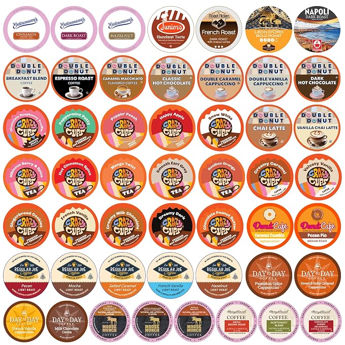 Crazy Cups Custom Variety Pack Coffee, Tea, and Hot Chocolate Holiday Winter Sampler - Single Serve Pods for Keurig K-Cup Machines, 50 Assorted Flavors Party Mix(Pack of 1)