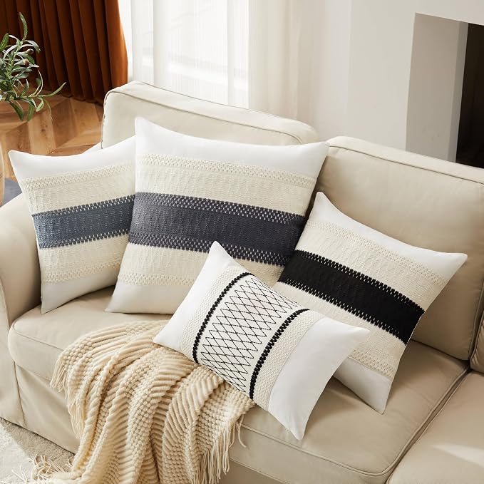 2pk Boho Pillow Covers 22x22, Natural White/Contrast/Charcoal | 100% Organic Cotton Body, Stripe Embroidery, Farmhouse Decorative Cushion Covers for Sofa Bed Living Room Home Decor