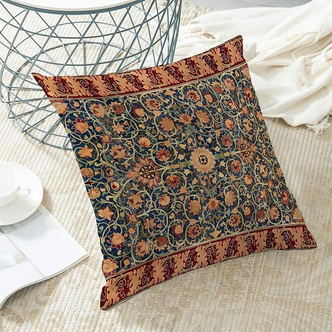 AEIOAE Boho Pillow Covers 18x18 Inch Set of 2,Carpet Pattern Throw Pillows Case,Blue Red Floral Ethnic Design Outdoor Decorative Square Linen Farmhouse Decor Cushion Covers for Home Sofa Bed Couch