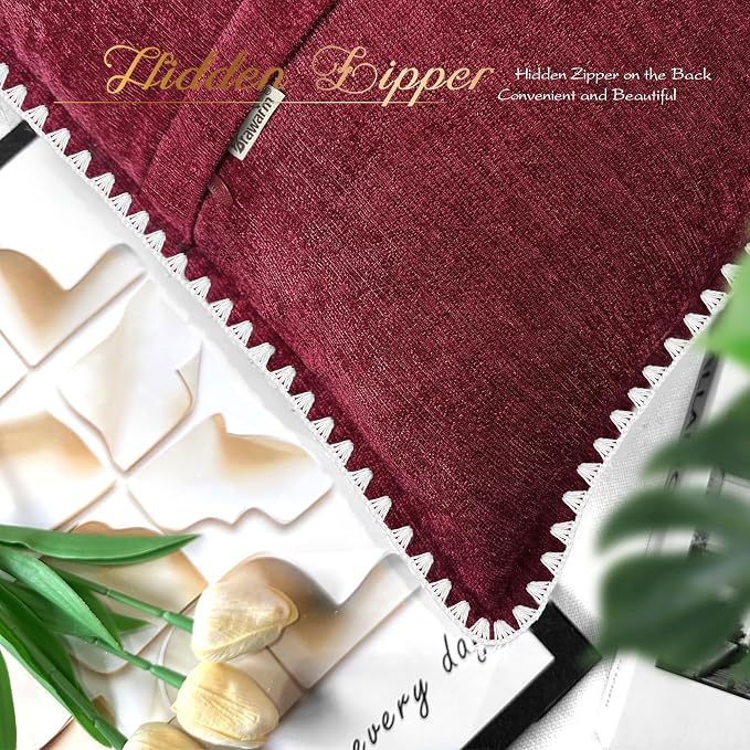 BRAWARM Chenille Throw Pillow Covers 12x20 Inches, Burgundy, 2 Pack | Decorative Lumbar Pillow Covers with Shell Edge, Soft Cushion Cases for Sofa Bed Living Room Home Farmhouse (No Insert)
