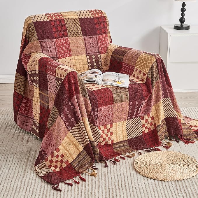 Boho Throw Blanket,Patchwork Large Blankets for Sofa Double Bed Armchair Couch,Weighted Soft Furniture Throws,Tassels Chenille Throws and Blankets for Bohemian Decor (60"*75")…