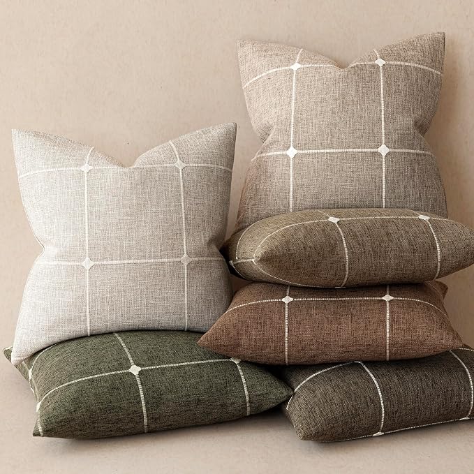 Foindtower Pack of 2 Decorative Faux Linen Jacquard Check Throw Pillow Covers Farmhouse Lumbar Cushion Cover with Grid Textured Accent Pillowcase for Couch Living Room Home Decor,12×20 Inch,Oatmeal