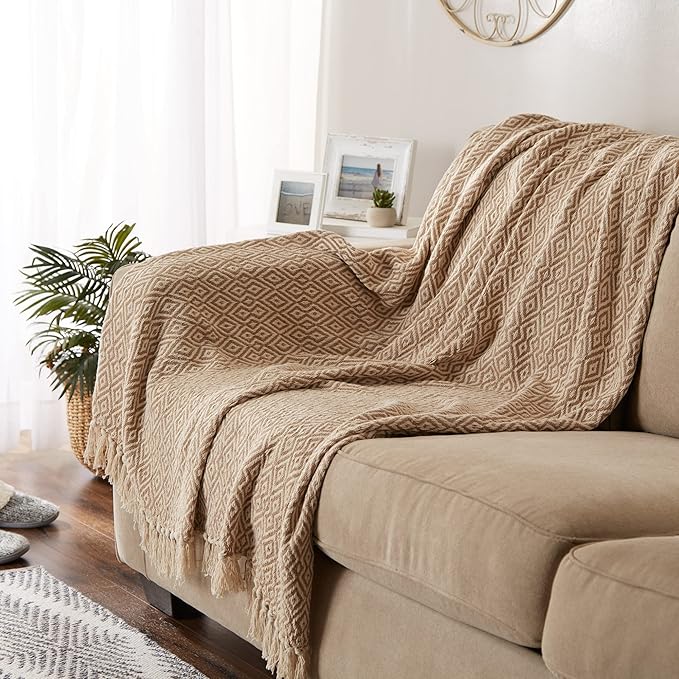 DII Rustic Farmhouse Double Diamond Woven Throw,Stone, 50x60 (Pack of 12)
