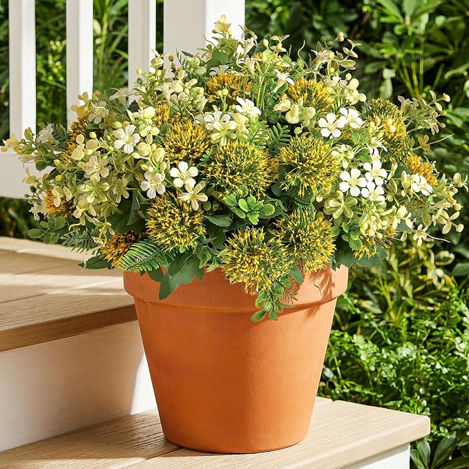 RM ROOMERS Artificial Flowers Plants for Outdoors, Fake Flowers for Garden | Yellow & White Floral Arrangement UV Resistant Faux Flower for Porch Windowbox Front Door Yard No Fade Home Decor (3 Bundles)