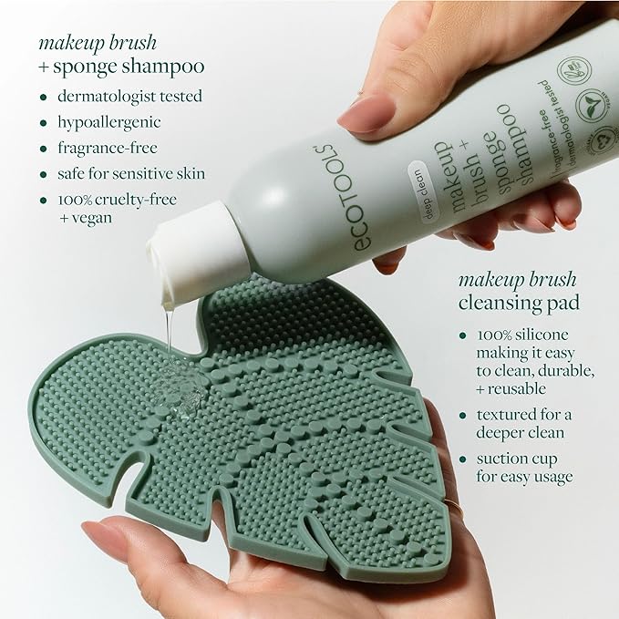 EcoTools Makeup Brush Cleanser + Silicone Cleansing Pad Bundle, Deep Cleaning Shampoo for Makeup Sponges & Brushes, Brush Cleaner Pad, Vegan & Cruelty-Free, Gentle Formula