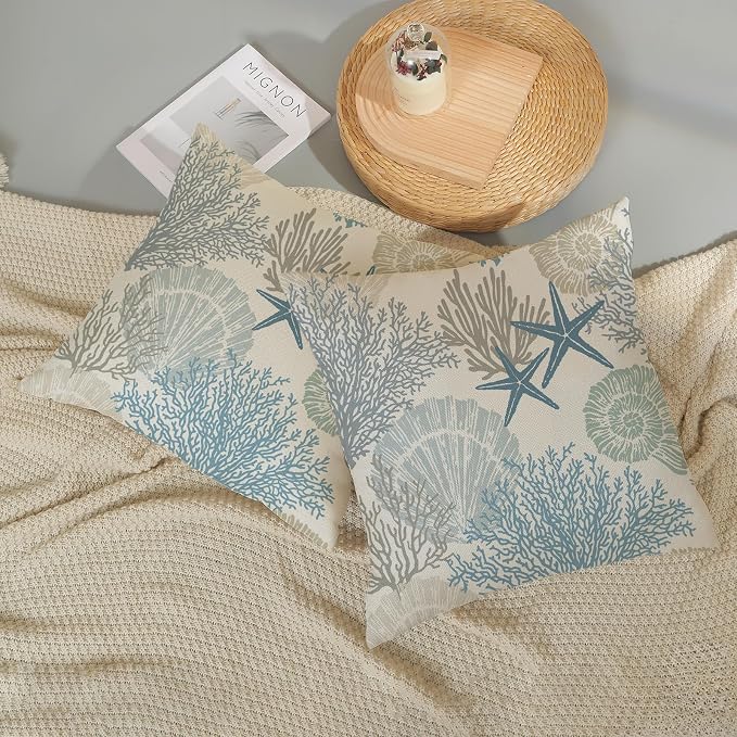 Nautical Coastal Pillow Covers 20x20 Set of 2 Blue Beach Themed Ocean Seashell Coral Starfish Throw Pillows Summer Outdoor Decorative Pillow Cases Linen Cushion Case for Home Bedroom Decor