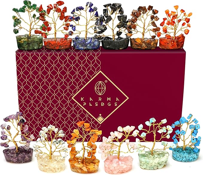 Crystal Tree Set of 12 Unique Birthday Gifts for Women, Sister, Mom & Dad, Home Office Decor for Positive Energy, Bring Good Luck, Money, Reiki Healing Stone Chakra Tree of Life Return Gift Sets
