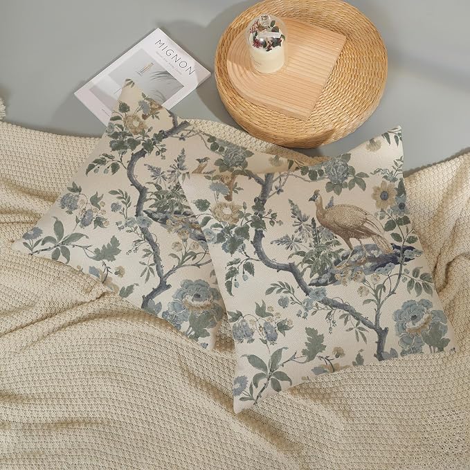 Chinoiserie Pillow Covers 20x20 Set of 2 Blue Bird Floral Throw Pillows Vintage Blue Green Flowers Decorations Outdoor Pillowcase Chinoiserie Decor Farmhouse Cushion Case for Couch Home