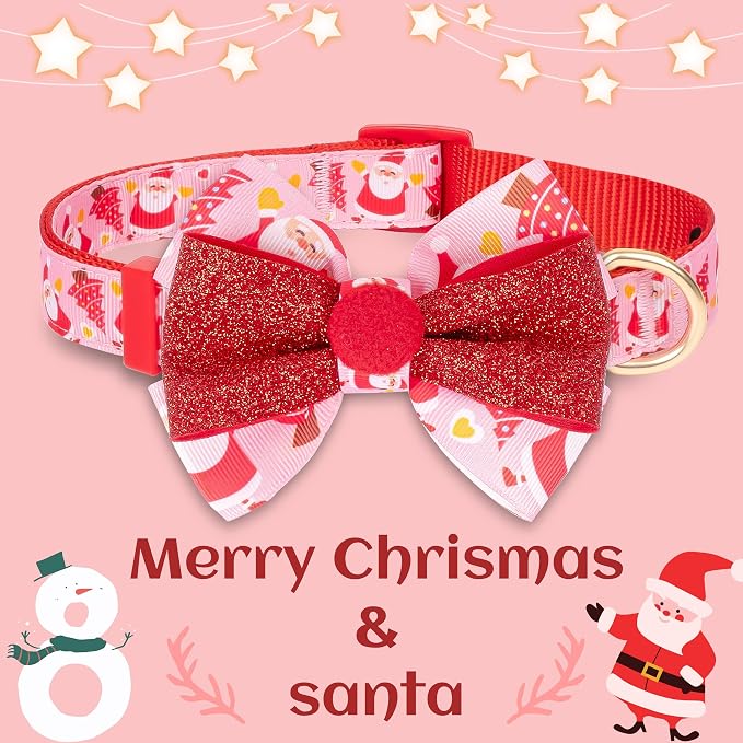 azuza Christmas Dog Collar Santa Print Xmas Dog Collars with Removable Red and Pink Bowtie, Adjustable Dog Collar Accessories for Medium Dogs