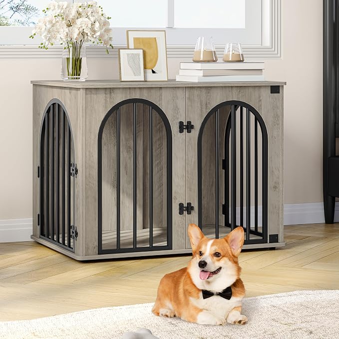 Hzuaneri 31.5'' Dog Crate Furniture,Dog Kennel Indoor for Small/Medium Dogs | Dog Kennel Furniture Wooden Dog Cage Heavy Duty Dog Crate Decorative Pet House End Side Table TV Stand,Greige Black DFC85105B