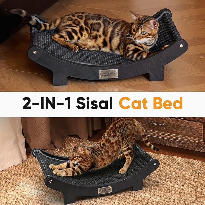 FUKUMARU Sisal Cat Scratcher Bed, Solid Wood Cat Hammock for Indoor Cats | 23.6 Inch Durable Scratching Bed, Large Cat Scratch Pad, Natural Sisal Hammock, Cat Lounger Scratcher for Sleeping (Black)