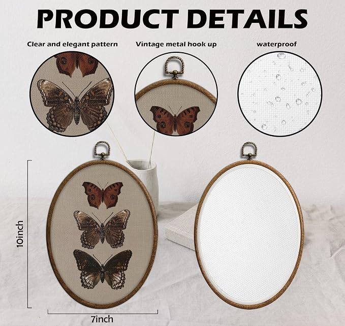 Vintage Butterfly Oval Wall Art, Neutral Antique Butterfly Sketch Oval Framed Wall Art, Waterproof Cottage Core Home Decor for Western Farmhouse Bedroom Living Room, Home Retro Decor Products, 04