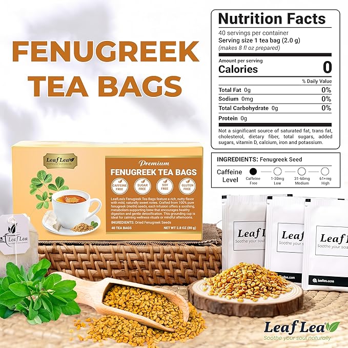 LeafLea Fenugreek Tea Bags, Pure Fenugreek Seed Herbal Infusion, 40 Count | 100% Pure Fenugreek Seeds, Fenogreco Tea, Nutty Maple-Like Flavor, Caffeine-Free, Vegan, Individually Foil-Wrapped