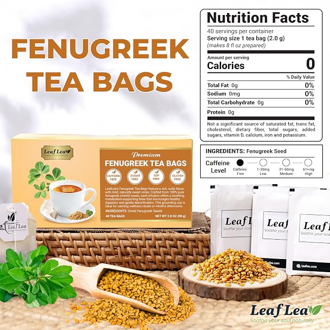 LeafLea Fenugreek Tea Bags, Whole Methi Seed Tea, 80 Count Value Pack | Real Fenugreek Seed, Fenogreco Tea, Toasty Nutty Flavor, Caffeine-Free, Non-GMO, Gluten-Free, Foil-Sealed Fresh