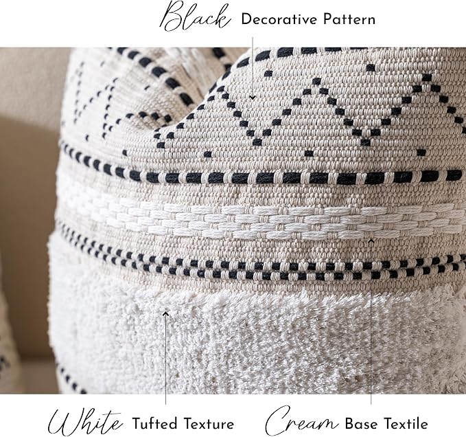 20X20 Throw Pillow Cover, Cream Neutral Square Decorative Cushion Cover with Black Pattern, Boho Accent Pillowcase with Tufted Details and Tassels for Couch Sofa Living Room (Cover Only)
