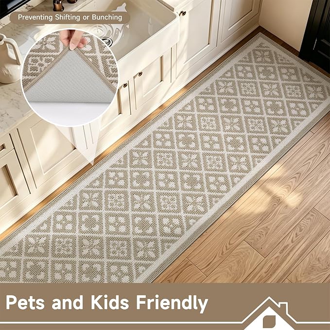 Ileading Hallway Runner Rug 2x10 ft,Washable Indoor Beige Entryway Carpet with Non Slip Rubber Backing,Low Pile Heavy Duty Kitchen Floor Mat for Entrance & High Traffic Areas