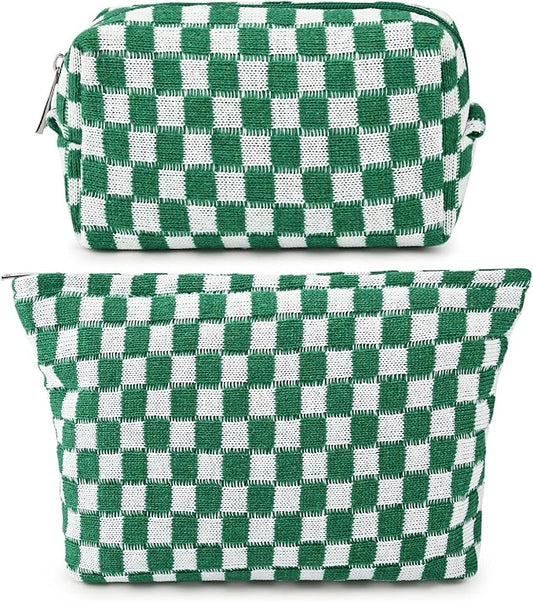 SOIDRAM 2 Pieces Makeup Bag Large Checkered Cosmetic Bag Capacity Canvas Mix Travel Toiletry Bag Organizer Cute Makeup Brushes Aesthetic Accessories Storage Bag for Women, Checkered Mix Green