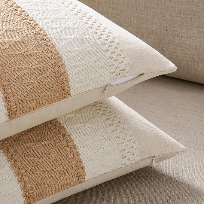2 Pack Boho Throw Pillow Covers, Contrast Beige 24x24in | Soft Breathable Cotton, Farmhouse Decorative Couch Pillow Cases, Cushion Covers for Sofa Bed Living Room Home Decor