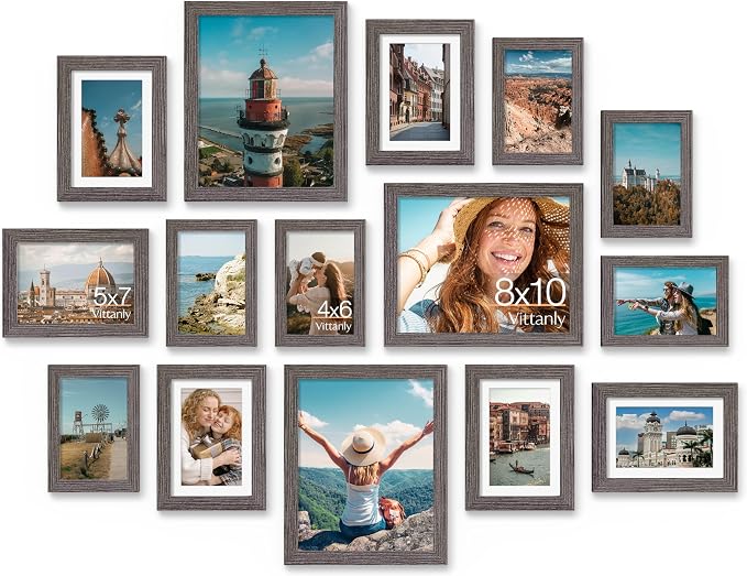 Vittanly 15 Pack Picture Frames Collage Wall Decor, Wall/Tabletop Display | Rustic Grey, Multi-Size Gallery Wall Frame Set: 3pcs 8x10, 6pcs 5x7, 6pcs 4x6. Picture Frame Set for Family