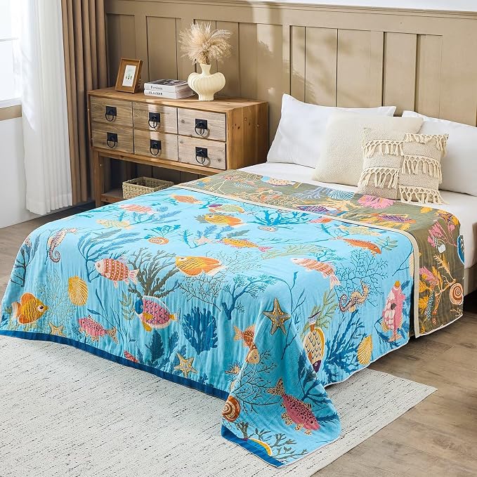 XIBLC Boho Throw Blanket 100% Cotton Vintage Blanket Muslin Woven Flower Decorative Throw Blankets All Season Bohemian Rustic Farmhouse Decor Quilt for Bed (Blue 50"x60")