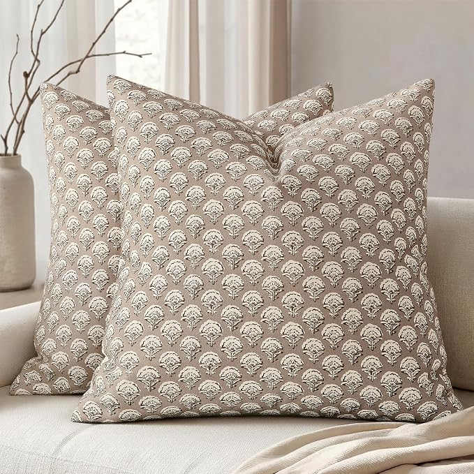 MIULEE Floral Print Decorative Euro Pillow Covers 22x22, Light Taupe | Vintage Boho Farmhouse Modern Home Decor, Set of 2, Block Print Cushion Covers for Couch Sofa Bed Living Room