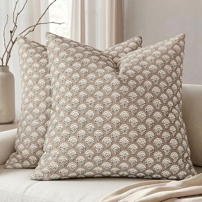 MIULEE Floral Print Decorative Euro Pillow Covers 24x24, Light Taupe | Vintage Boho Farmhouse Modern Home Decor, Set of 2, Block Print Cushion Covers for Couch Sofa Bed Living Room