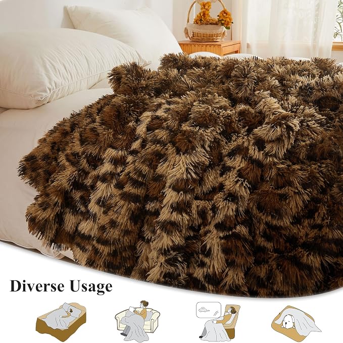 XeGe Luxury Faux Fur Leopard Print Blanket, Soft Cheetah Patterned Fluffy Bed Blanket, Shaggy Plush Decorative Couch Throw, Cute Furry Animal Print Fuzzy Throw for Sofa Bed Couch, Brown, 60x80
