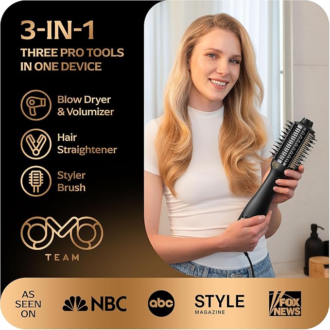 Blowout Brush Hair Dryer, 4-in-1 Blow Drying Brush, Automatic Dual Voltage, Ionic Hair Straightener w/No Heat Damage, Light 1.3 lb Blowout Tool, Blow Dryer Curling Wand, Hot Air Styler for All Types