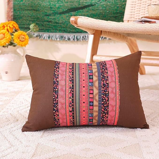 TAOSON Pack of 2 Brown & Red Stripe Patchwork Throw Pillow Covers 12x20 Inch - Bohemian Farmhouse Cushion Cases with Hidden Zipper for Sofa & Bedroom (Cover Only)