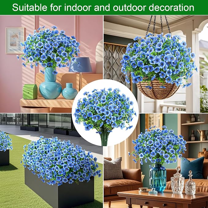 24 Pcs Artificial Flowers for Outdoors Decorations, Blue | Lifelike silk flowers, UV resistant, faux plastic plants, for garden porch window table vase home indoor outdoor decor