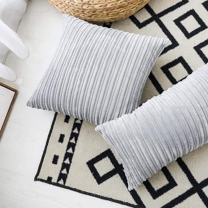 UGASA Velvet Pillow Covers Striped, Decorative Throw Cushion Case with Hidden Zipper for Home Couch/Bedroom/Car, Soft Cozy Solid Square, 1 Pack (24"x24", Light Grey)