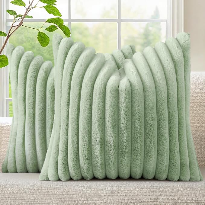 decorUhome Fall Faux Fur Throw Pillow Covers 26x26 Set of 2 Sage Green | Decorative Soft Cozy Striped Plush Modern Farmhouse Boho Couch Pillow Cases Velvet Back for Sofa Bed Living Room Home Decor