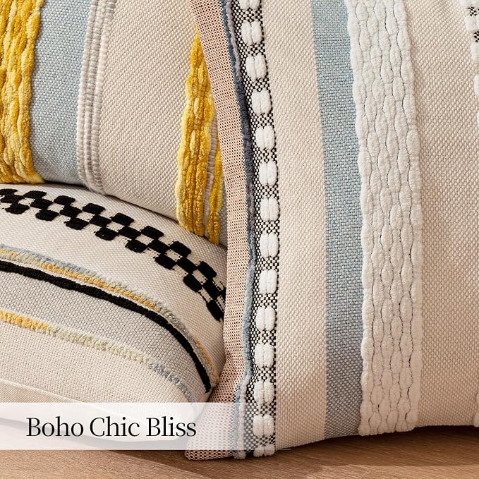 ANRODUO Boho Decorative Pillow Covers 20x20 Inch Black Stripe Pack of 2 | Throw Pillow Covers, Farmhouse Cushion Case, Chenille Pillow Cases, Pillow Covers, Accent Neutral Pillowcase for Sofa Couch
