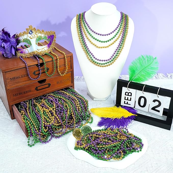 SHAOQINLIN 12 PCS Mardi Gras Beads Necklaces, 6 Colors 33'' Colorful Bead Necklaces Bulk Party Beads Necklace Round Beaded Necklaces for Mardi Gras, St. Patrick's Day, Christmas, Carnival Party Favor