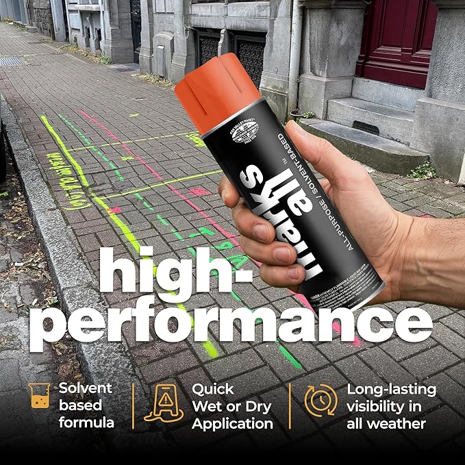 Fox Valley 18oz Marks All Solvent-Based Marking Paint Spray, 12-Pack Red Orange – Long-Lasting, Weather-Resistant Spray Paint for Wet or Dry Surfaces Like Metal, Grass, Concrete, Wood, & More