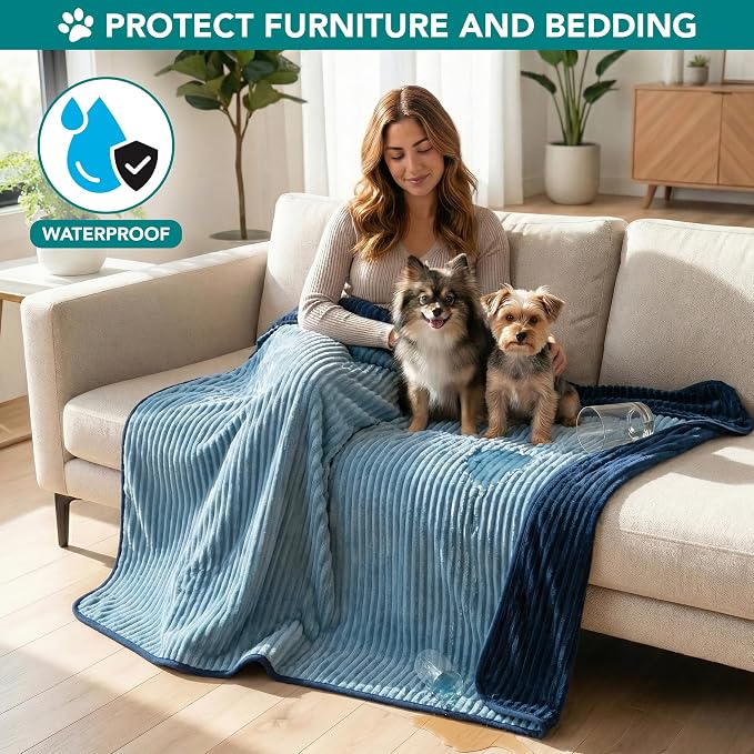 PetAmi Waterproof Dog Blanket, Leakproof Pet Blanket for Small Medium Large Cats, Soft Plush Reversible Sofa Couch Cover Protector, Washable Puppy Throw for Bed Crate, 24x32 in, Navy Blue