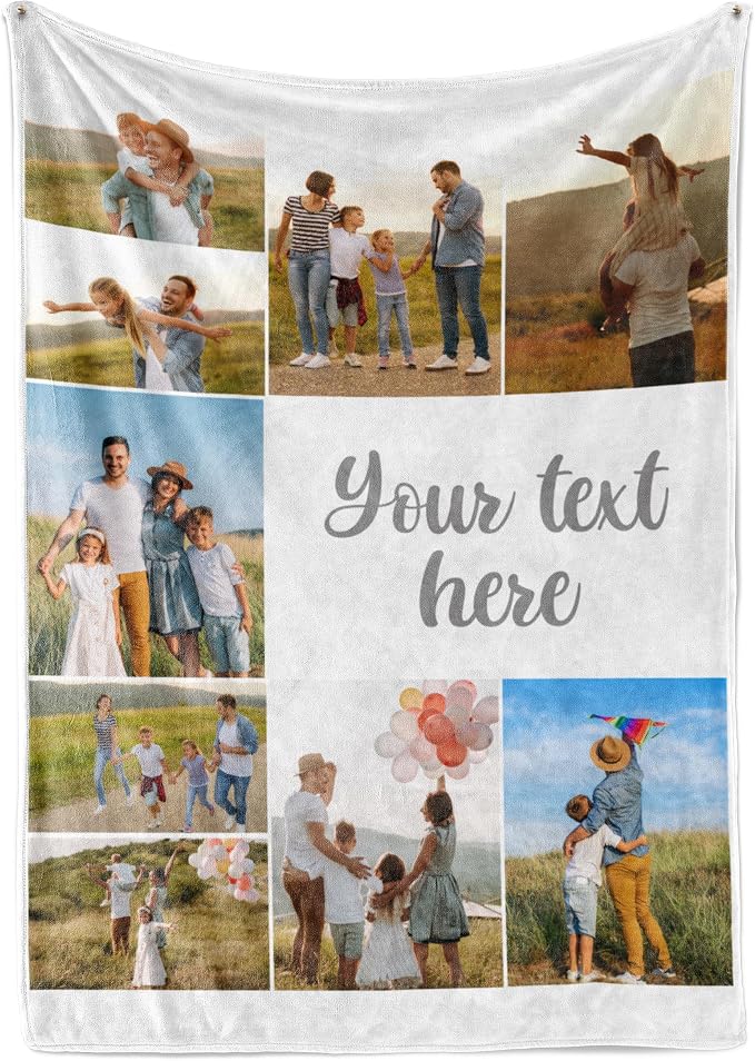 Personalized Photo & Text Blanket, Custom Picture Fleece Throw (9-Pic) | Printed in USA, ships next day, add 1-9 photos & custom text, fleece or sherpa, family keepsake gift, cozy home decor