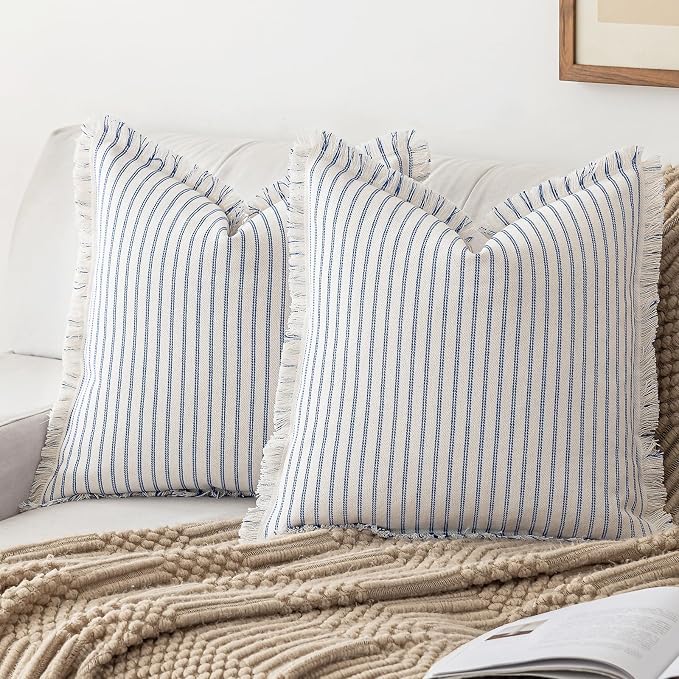 YEENAASY Throw Pillow Covers 24x24 Boho Striped Pillow Cases with Tassel | Set of 2 Fringe Pillow Cover Farmhouse Cushion Covers Neutral Pillows Decorative Square Pillowcase for Couch Sofa Bed, Blue