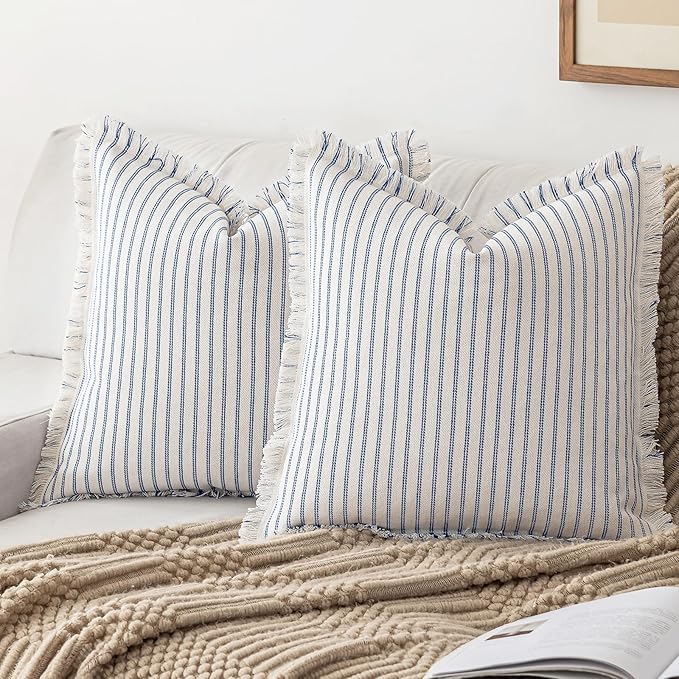 YEENAASY Throw Pillow Covers 18x18 Boho Striped Pillow Cases with Tassel | Set of 2 Fringe Pillow Cover Farmhouse Cushion Covers Neutral Pillows Decorative Square Pillowcase for Couch Sofa Bed, Blue