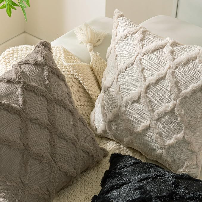 Set of 2 Beige Morrocan Decorative Pillow Covers 26x26 Inch Fluffy Boho Throw Pillow Covers for Bed Couch Sofa Living Room Soft Plush Cushion Cases