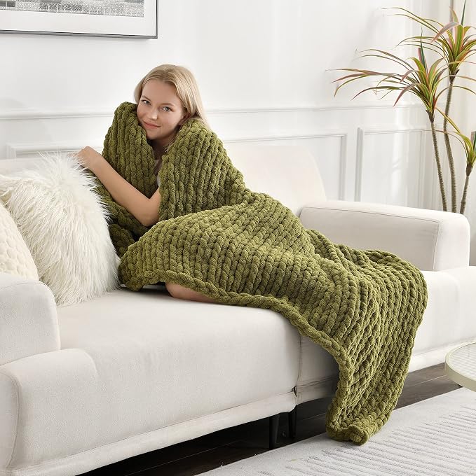 Maetoow Tighter Version Chenille Chunky Knit Blanket Throw,60×80,Olive Green